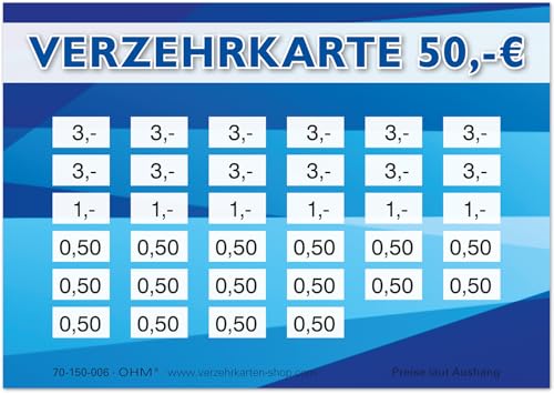 250 Verzehrkarten DIN A7, Gesamtwert 50 Euro, praktische Alternative zu Wertmarken, für Vereine, Gastronomie etc., einfaches bargeldloses Bezahlen von OHM