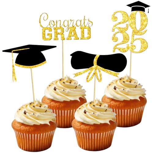 OHOME Abschlussdekorationen 2025–48 Stück Cupcake-Topper – 2025 Abschluss-Party-Dekorationen – Mini-Kuchendekorationen für Abschlussdekorationen, Klasse 2025, Diplom, 2025, Abschluss-Kappen-Set von OHOME