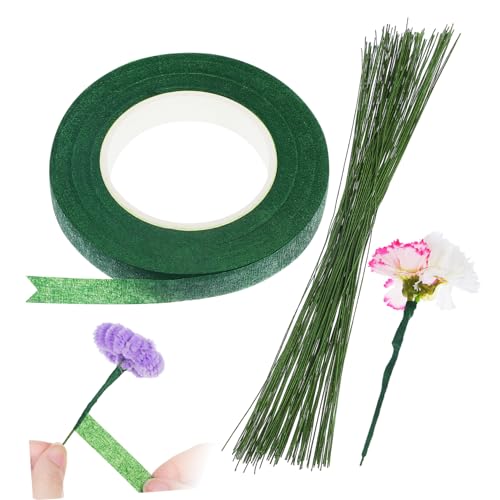 OHPHCALL 150 Stück Teiliges Künstliche Blumenstiele mit Grünem Floristendraht und Klebeband Stabiles Blumendraht für Blumensträuße Floristenbedarf DIY Dekoration und Geschenkverpackung von OHPHCALL