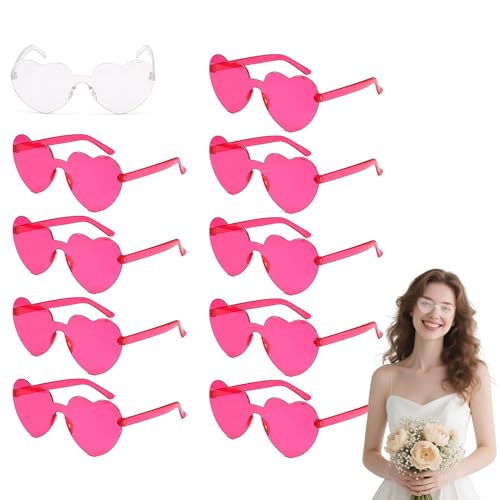 OHYER Retro Herzrandlose Kostümsonnenbrille, 10 Stück (1 durchscheinend, 9 rosa), für Hochzeit, Junggesellenabschied, Strand, Geburtstag, Reisen & Valentinstag, Polykarbonat, Herzförmig, Rosa von OHYER