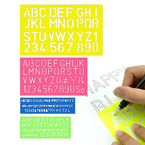 OHYER 4 Stück Schablone Alphabets Schablonen Zeichenschablonen Buchstaben Schablone A-Z Kunststoff Schriftschablonen Zahlenschablonen Nummer 0-9 für Kinder Lernen Art Design und Malen (Farbe Zufällig) von OHYER