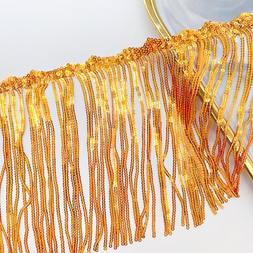 OHYER 3 Meter lang (x 17,5 cm breit) Breite Fransenborte Quaste Seide Pailletten DIY Saum Kleid Garment fransen rock Schnittfranse Band Fransenband Dekoborte pailletten fransen trim (Gold) von OHYER