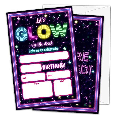 OICPYD Glow Party Geburtstag Einladungen, Neon Let's Glow Theme Geburtstagsparty Einladungen für Mädchen Jungen Kinder, Gastgeschenke, 20 Einladungen mit Umschlägen (B03) von OICPYD