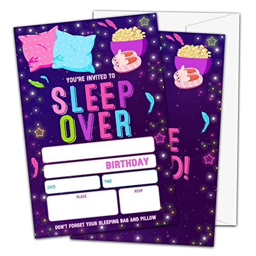 Sleepover Geburtstagseinladungen, Neon Glow Slumber Pyjama Thema Geburtstag Party Einladungen für Mädchen Jungen Kinder, Gastgeschenke, 20 Einladungen mit Umschlägen (B02) von OICPYD