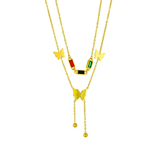 OIFAODAO, 316L Edelstahl Bunte Zirkon Schmetterling Anhänger Halskette for Frauen Neue Mädchen Schlüsselbein 2in1 Ketten Schmuck Geschenke,Damenkette von OIFAODAO