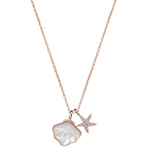 OIFAODAO, Echte 925 Sterling Silber Gliederkette Halskette for Frauen Glänzender Zirkon Seestern Muschel Anhänger Edler Schmuck,Damenkette(Rose Gold Color) von OIFAODAO