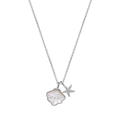 OIFAODAO, Echte 925 Sterling Silber Gliederkette Halskette for Frauen Glänzender Zirkon Seestern Muschel Anhänger Edler Schmuck,Damenkette(White Color) von OIFAODAO