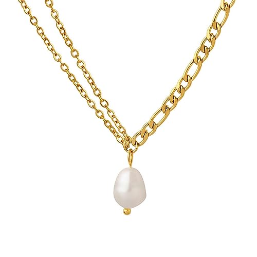 OIFAODAO, Halskette mit Anhänger aus Edelstahl und vergoldetem 18 Karat, farbecht, mehrlagig, natürlicher Süßwasserperle, Choker for Damen,Damenkette(Gold) von OIFAODAO