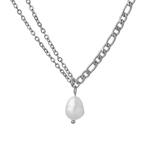 OIFAODAO, Halskette mit Anhänger aus Edelstahl und vergoldetem 18 Karat, farbecht, mehrlagig, natürlicher Süßwasserperle, Choker for Damen,Damenkette(Silver) von OIFAODAO
