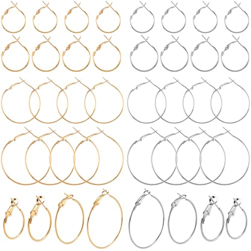 OIIKI Kreolen für Schmuckherstellung, runde offene Perlen, Bastelzubehör, Set für die Herstellung von Ohrringen, hypoallergene Kreolen – Gold, Silber, 32 Stück von OIIKI