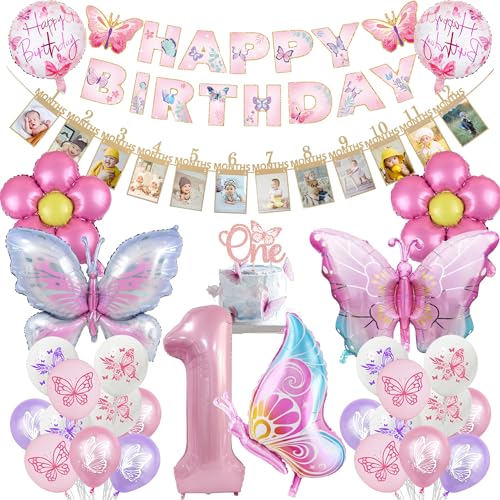 1 Geburtstag Mädchen Deko Luftballon - 31 Stück Happy Birthday Banner Fotorahmen Ziehfahne Zahl 1 Schmetterlinge Folienballon Cake Topper Für 1. Jahr Mädchen Geburtstagsdeko Kindergeburtstag Deko von OIODDYY