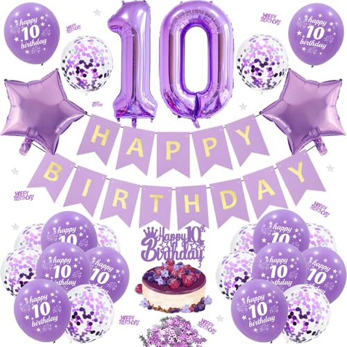 10 Jahre Geburtstag Deko Luftballon - 27 Stück Lila Happy Birthday Banner Nummer 10 Folienballons Sternfolienballon Drucken Happy Birthday Ballons Tortendeko Für MäDchen 10 Jahre Geburtstag Party von OIODDYY