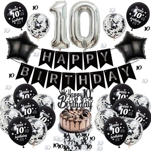 10 Jahre Geburtstag Deko Luftballon - 27 Stück Schwarz Happy Birthday Banner Silber Nummer 10 Folienballons Sternfolienballon Tortendeko Für Junge MäDchen 10 Jahre Geburtstag Spielthemen Party von OIODDYY