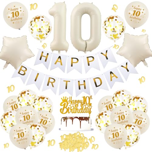 10 Jahre Geburtstag Deko Luftballon - 27 Stück weiß Happy Birthday Banner Nummer 10 Folienballons Sternfolienballon goldene Paillettenballons Tortendeko Für Junge MäDchen 10 Jahre Geburtstag Party von OIODDYY