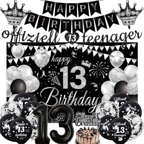 13 Jahre Teenager Geburtstag Deko - 20 Stück Schwarz Happy Birthday Banner Offiziell Teenager Ziehen Sie die Fahne Hintergrund Tuch Nummer 13 Kronen Folienballon Tortendeko Für 13.Kinder Geburtstags von OIODDYY