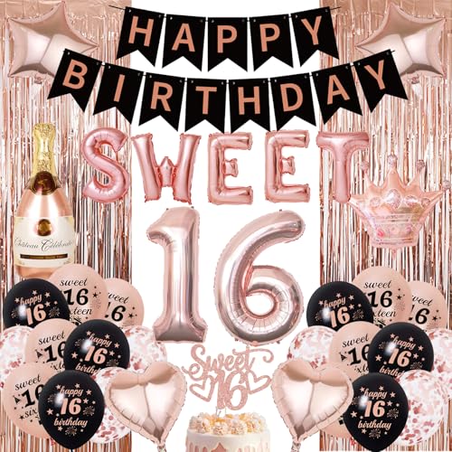OIODDYY 36 Pcs Sweet Rosegold Schwarz Deko Set - 16. Geburtstag MäDchen Party Deko Set mit Ballons, Banner, Fringe, Konfetti, Tortendeko Geburtstag - Schwarz Roségold - Für Frauen & MäDchen OIODDYY 36 Pcs Sweet Rosegold Schwarz Deko Set - 16. Geburtstag MäDchen Party Deko Set mit Ballons, Banner, Fringe, Konfetti, Tortendeko Geburtstag - Schwarz Roségold - Für Frauen & MäDchen von OIODDYY