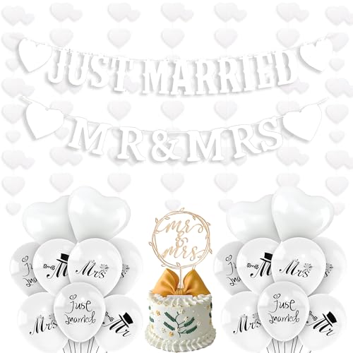 Just Married Deko Girlande Hochzeit - 27 Stück Just Married Banner Drucken Mr Mrs Latexballon Herzförmiger Ballon Cake Topper Für Hochzeit Fest Engagement Brautdusche Party Dekoration von OIODDYY