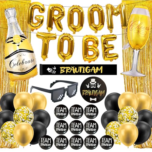 JGA Deko Männer Bräutigam Luftballons - 44 Stück Gold Groom To Be Alphabet Folienballons Banner Anstecker Schärpe Für Junggesellenabschied Männer Vorschlag Engagement Hochzeit Decorations Supplies von OIODDYY