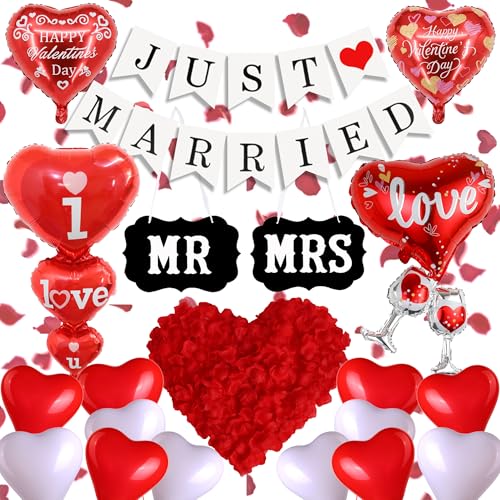 Just Married Deko Girlande Hochzeit - 519 Pcs Valentinstag Love Heliumballons Luftballons Hochzeitsfeier Banner Mr Und Mrs Rote RosenblüTenbläTter HerzföRmige Latexballons FüR Hochzeitsfeiern von OIODDYY