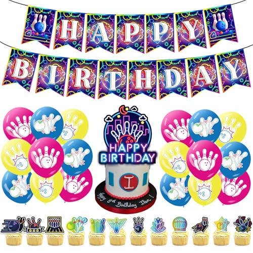 Kinder Geburtstag Bowling Party Dekoration - 32 Stück Happy Birthday Banner Hut Cupcake Topper Drucken Bowlingkugel Ballons Für Kindergeburtstag Geburtstagszubehör Bowling Mottoparty von OIODDYY