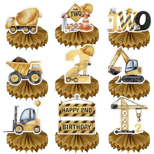 OIODDYY Bagger Geburtstag Deko 2 Jahre - 9 Pcs Baustelle Geburtstag Bienenwabe MittelstüCk Traktors Fahrzeug Tischdekoration Honeycomb Für Geburtstagsdeko 2 Jahre Junge von OIODDYY