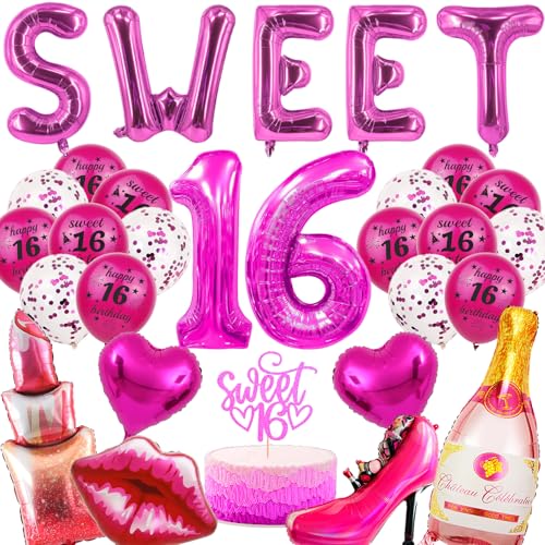 Sweet 16 Geburtstag Deko MäDchen - 30 Pcs Geburtstag Party Deko Latex Foil Konfetti Luftballon Tortendeko Topper Zahlen Sweet Luftballon Mit Roten Lippen Kelch Champagner Lippenstiftballon von OIODDYY