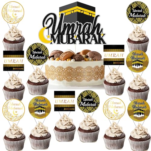Umrah Mubarak Cake Cupcake Toppers - 13 Schwarz-Gold Cupcake-Topper-Set FüR Ramadan,Eid & Umrah Mubarak-Muffin- Und Cake-Dekoration Mit Umrah Mubarak-Design–Muslimische Party-Deko FüR Festlichkeiten von OIODDYY