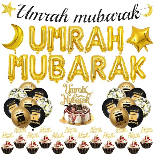 Umrah Mubarak Party Dekorationsset Ballon - 44 Teiliges Umrah Mubarak Buchstaben Ballon Banner Stern Konfettiballon Cupcake KuchenaufsäTze Ramadan Muslimisches Eid Umrah Mubarak Dekorations Party von OIODDYY
