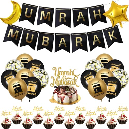 Umrah Mubarak Party Dekorationsset Banner - 32-Teiliges Umrah Mubarak Dekorationsset – Buchstaben-Banner, Stern-Mond-Ballons, Konfettiballons & Cupcake-Deko FüR Ramadan, Eid Und Umrah-Feiern von OIODDYY