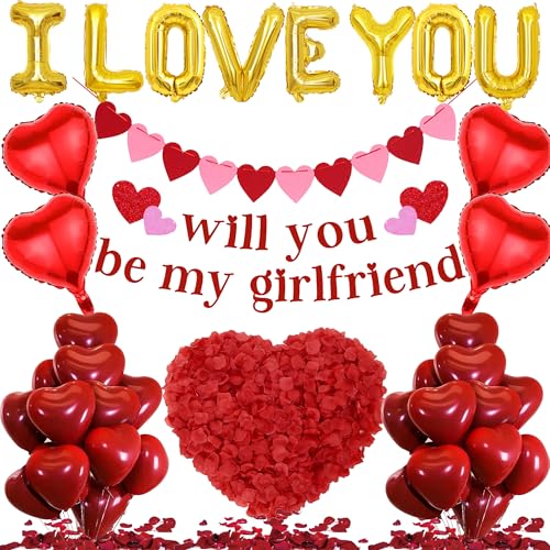 Will You Be My Girlfriend - 534 Stück Will You Be My Girlfriend Banner Gold I Love You Folienballon Herz Ballons Künstliche Rosenblätter Für Valentinstag Geständnis Jubiläen Geburtstag Hochzeit Dekor von OIODDYY