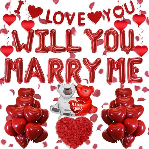 Will You Marry Me Deko - 546 StüCk Ballons Banner Herz Latex Folienballon Rote KüNstliche RosenbläTter Umarmung BäR HäNgende Wirbel Romantische Deko FüR Valentinstag Heiratsantrag Verlobung Hochzeit von OIODDYY
