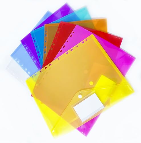 Dokumenten Mappen A4 Dokumententasche mit Verschluss 18C Dokumentenmappen zum Abheften sortiert durchsichtbar mehrfarbig transparent mit 11 Lochrand inkls. Etiketten (8, Mehrfarbig) von OJAYERR