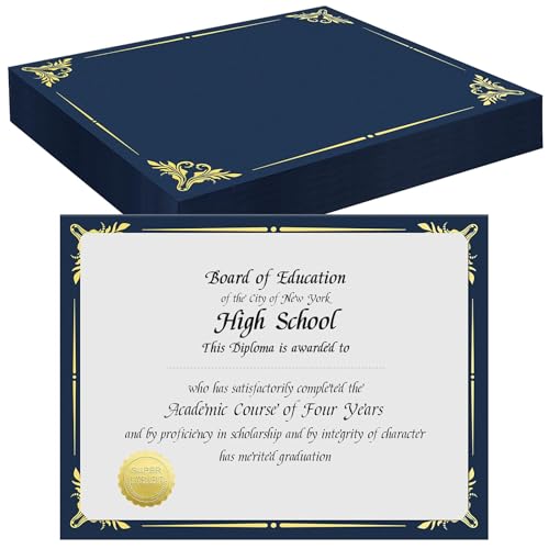 50 Stück Zeugnishalter, Diplomumhüllen, Großpackung mit Goldfolienplatte, marineblaue Papiermappe für Auszeichnungen, Abschlussfeiern, Dokumente, Schule, Heiratsbedarf (24 x 30 cm) von OJMHD
