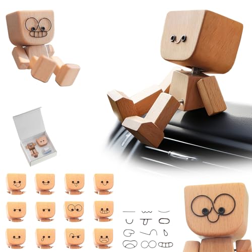 OKESYO Schüttelmann Holz Auto, Wackelnder Holzmann mit 12 Ausdrücken, Charmante Wackelnde Kleine Holzfigur, Wackelfigur Auto für Modernes Kreatives Desktop Ornament OKESYO Schüttelmann Holz Auto, Wackelnder Holzmann mit 12 Ausdrücken, Charmante Wackelnde Kleine Holzfigur, Wackelfigur Auto für Modernes Kreatives Desktop Ornament von OKESYO