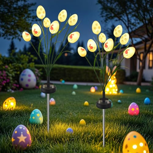 OKESYO Solar Ostereier Lichter, 2 Stück 8 LED Ostereier Solarlampen, Wasserdicht IP65 Ostereier Lichter für Ostern Deko, Geschenke für Frauen Männer Mama von OKESYO