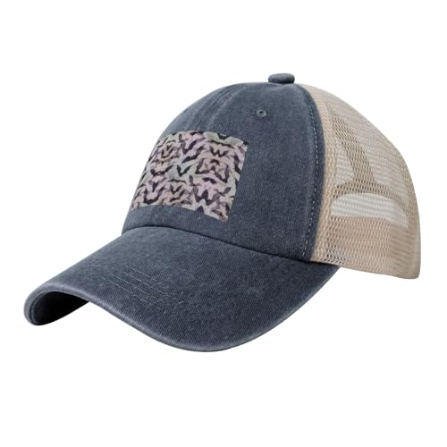 OKFSTY Halloween-Fledermaus-Motiv, grauer Druck, Netzstoff, verstellbar, trendiger Trucker-Hut und Baseballkappe für Strandkonzerte, Sommer, Pool, Urlaub von OKFSTY