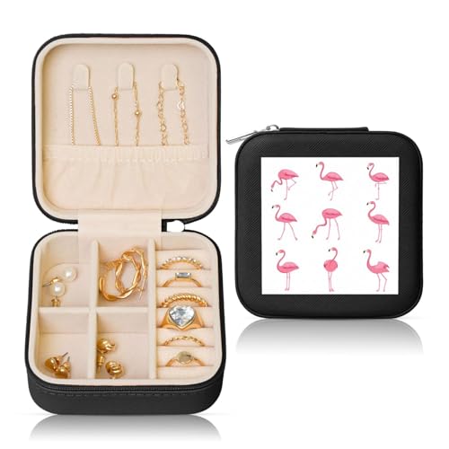 OKFSTY Reise-Schmuckschatulle, Flamingos auf weißem Druck, multifunktionale Schmuck-Aufbewahrungsbox, Vitrine für Damen OKFSTY Reise-Schmuckschatulle, Flamingos auf weißem Druck, multifunktionale Schmuck-Aufbewahrungsbox, Vitrine für Damen von OKFSTY