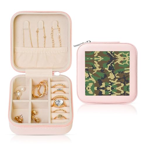 OKFSTY Reise-Schmuckschatulle mit Militär-Camouflage-Druck, multifunktionale Schmuck-Aufbewahrungsbox, Vitrine für Damen, Grün von OKFSTY