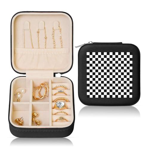 OKFSTY Reise-Schmuckschatulle mit schwarz-weiß karierten Streifen, multifunktionale Schmuck-Aufbewahrungsbox, Vitrine für Damen OKFSTY Reise-Schmuckschatulle mit schwarz-weiß karierten Streifen, multifunktionale Schmuck-Aufbewahrungsbox, Vitrine für Damen von OKFSTY