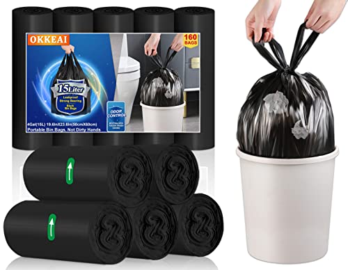 15 l Müllbeutel, klein, schwarz, mit Zuggriff, 160 Stück, Mini-Müllbeutel, Kunststoff-Müllbeutel, Müllbeutel, Küche, Pedal, Müllbeutel für Toilette, Büro, Badezimmer, Schlafzimmer, passend für 12–20 l 15 l Müllbeutel, klein, schwarz, mit Zuggriff, 160 Stück, Mini-Müllbeutel, Kunststoff-Müllbeutel, Müllbeutel, Küche, Pedal, Müllbeutel für Toilette, Büro, Badezimmer, Schlafzimmer, passend für 12–20 l von OKKEAI