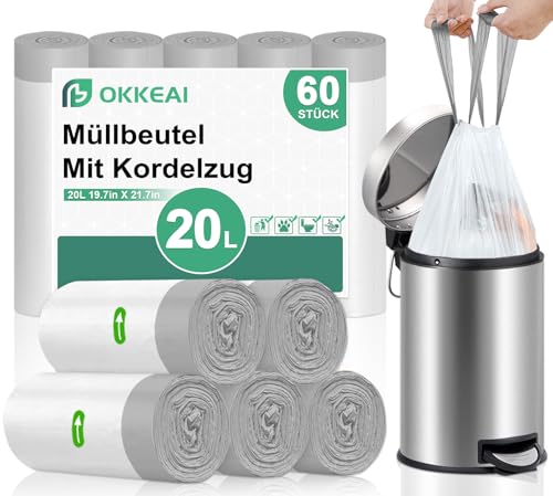OKKEAI Müllbeutel 20L mit Zugband Mülltüten mit Kordelzug 60 Stück Weiß Müllsäcke Tragegriff Abfallbeutel OKKEAI Müllbeutel 20L mit Zugband Mülltüten mit Kordelzug 60 Stück Weiß Müllsäcke Tragegriff Abfallbeutel von OKKEAI