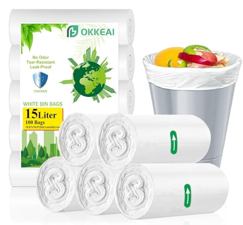 OKKEAI Weiße Müllbeutel, 15 l, Pedal, 100 Stück, kleine Kunststoff-Müllbeutel für Badezimmer, Küche, Toilette, Büro OKKEAI Weiße Müllbeutel, 15 l, Pedal, 100 Stück, kleine Kunststoff-Müllbeutel für Badezimmer, Küche, Toilette, Büro von OKKEAI