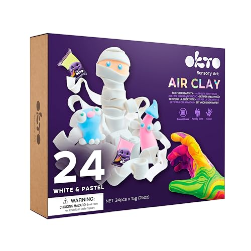Okto 24 Farben Set Weiß & Pastell – Kunst und Handwerk für Kinder, Modelliermasse, lufttrocknender Ton für Kinder, nicht klebrig, trocknet in 24 Stunden, kein Backen erforderlich von OKTO