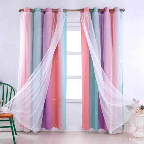 OKYUK Kinder-Verdunkelungsvorhänge mit bunten Sternen - Maschinenwaschbare Vorhänge für das Mädchenzimmer, die Geräuschreduzierung bieten und dekorativ sind (Grün-Rosa-Lila, 52" L x 96" W) von OKYUK