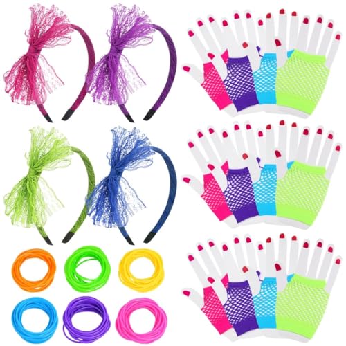 OLACD Zubehör für Retro-80er-Jahre-Motto-Party, neonleuchtende Farben – für Damen und Mädchen, 80er-Jahre-Set mit Spitzen-Stirnbändern, Fischnetzhandschuhen, Gelee-Armbändern, 144-teiliges Party-Paket von OLACD