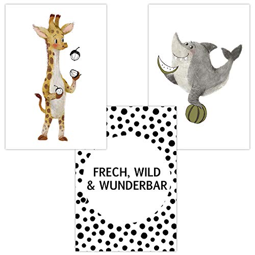 Olgs Babyzimmer Bilder 3er Set | Kinderzimmer Deko Poster DIN A4 | Wandbilder Frech Wild Wunderbar Premium | Tiere Wandposter Mädchen Junge | Giraffe Hai von Olgs