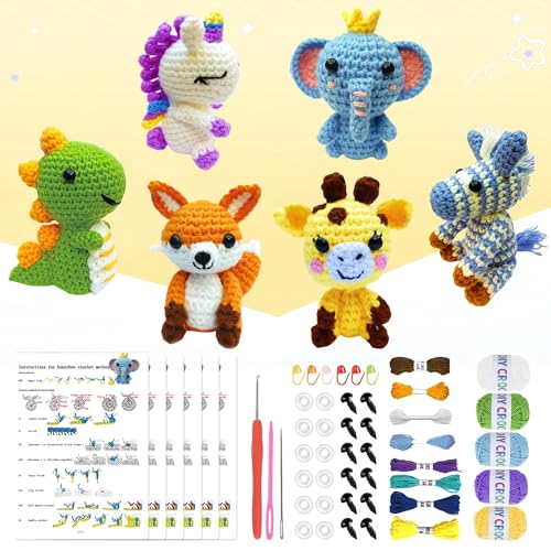 OLHKYN 6-teiliges Häkelset für Anfänger, 2025 DIY Handwerk für Erwachsene und Kinder, tolles Geschenk für Häkelliebhaber, Häkeltier-Sets mit Schritt-für-Schritt-Videos, Garn, Häkelnadel, von OLHKYN