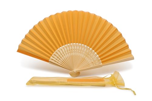 OLILLY - 50 orangefarbene Fächer aus Polyesterseide mit individuellem Organza-Beutel – ein elegantes Geschenk für Hochzeit (50, Orange) von OLILLY