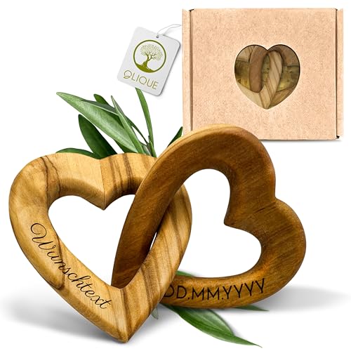 OLIQUE Holzherzen personalisiert, Olivenholz - Verbundene Holz Herzen mit Gravur als individuelles Geschenk zur Hochzeit, Hochzeitstag oder Verlobung (15 cm) von OLIQUE