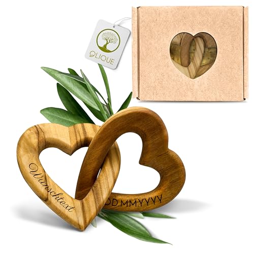 OLIQUE Holzherzen personalisiert, Olivenholz - Verbundene Holz Herzen mit Gravur als individuelles Geschenk zur Hochzeit, Hochzeitstag oder Verlobung (5 cm) von OLIQUE